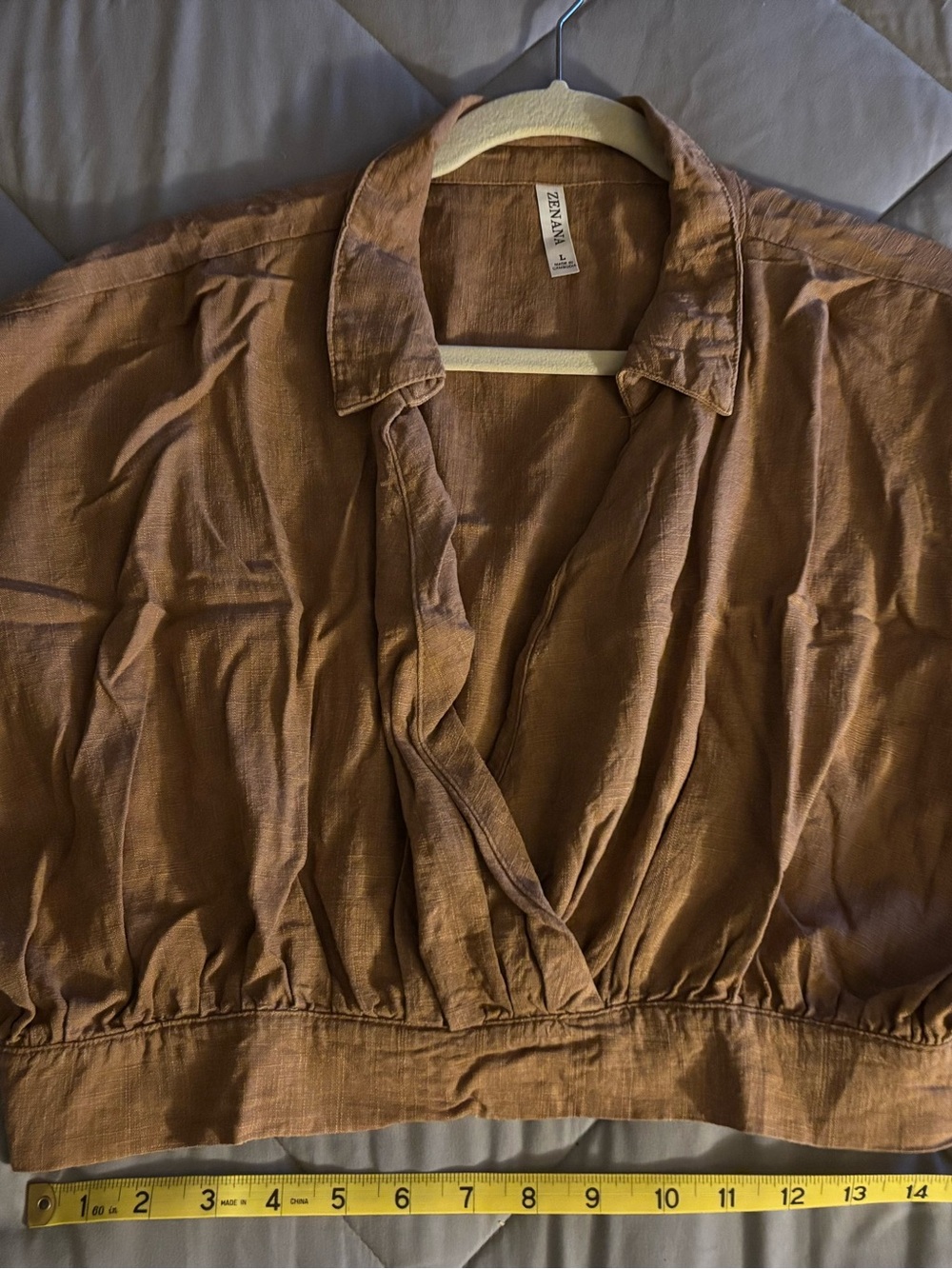 Zenana Washed Linen Wrap Crop Top in Deep Camel Sz S, M or L NWOT
